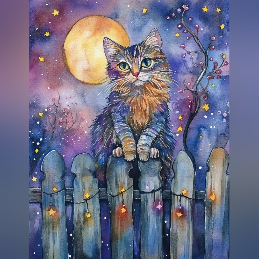 Mystical Night Cat Art Print